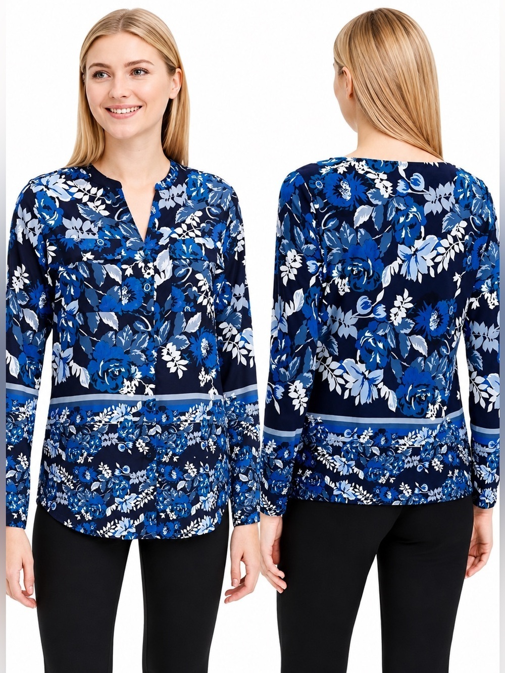 Calvin Klein Blue Floral Button Front Blouse XL Long Sleeve Navy Print Top